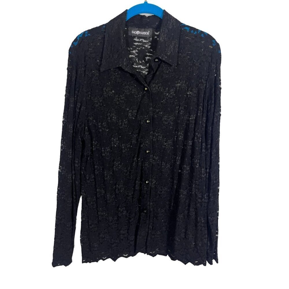 Sag Harbor Floral Lace Top M Black Mesh Sheer Neutral Minimalist Preppy